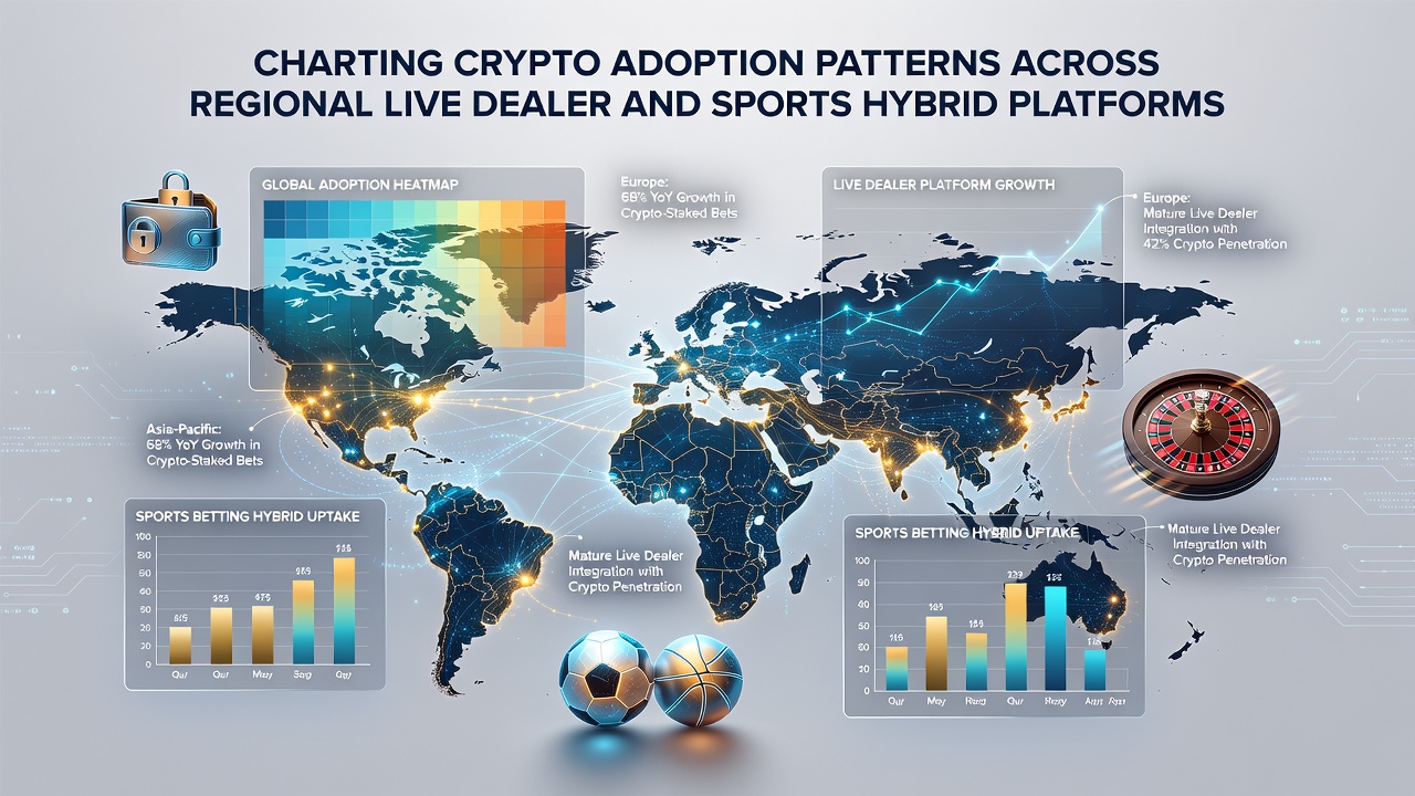 Infographic displaying adoption statistics for crypto payments in hybrid casino and sports platforms across key regions