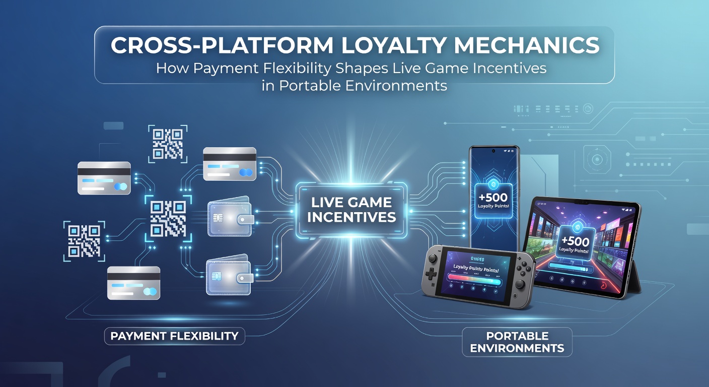 Illustration of cross-platform loyalty mechanics showing mobile devices connected to live game interfaces with payment icons and reward badges