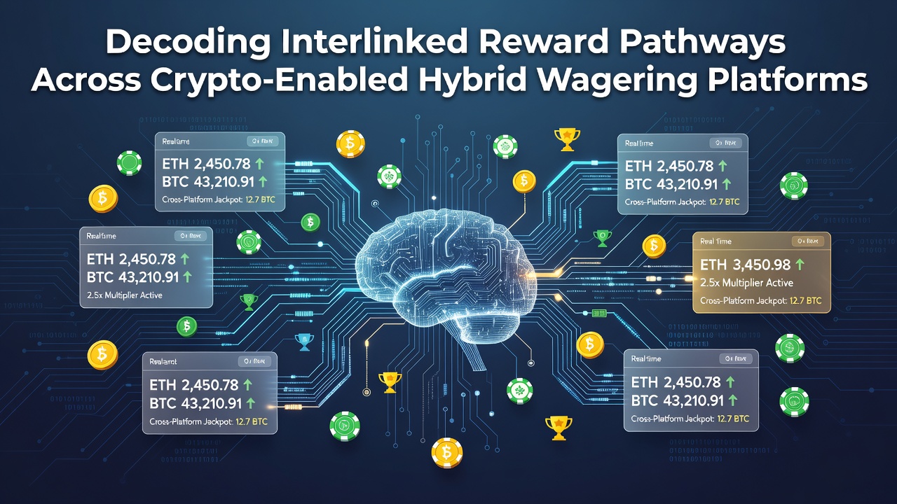 Diagram showing interconnected reward pathways across crypto-enabled hybrid wagering platforms with nodes linking sports betting, casino games, and loyalty systems
