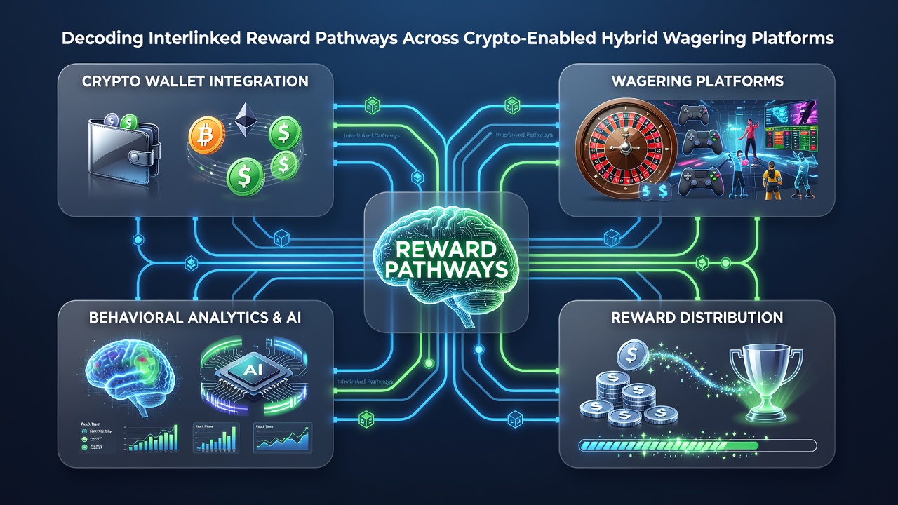 Illustration of blockchain nodes connecting user activity across sports betting, slots, and live dealer tables in a hybrid crypto wagering environment