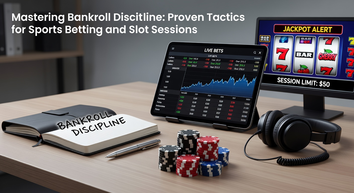 A focused bettor reviewing bankroll notes alongside a sports betting screen and slot machine display, emphasizing disciplined money management