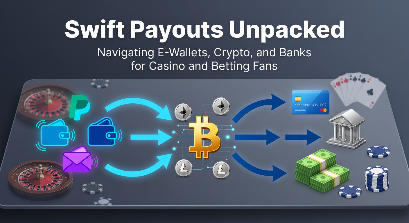Digital wallet icons alongside cryptocurrency symbols and bank transfer graphics illustrating fast payout options for online gambling