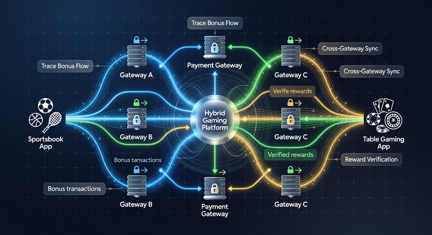 Diagram showing data flow of rewards between e-wallets, crypto networks, and bank processors in hybrid gaming environments